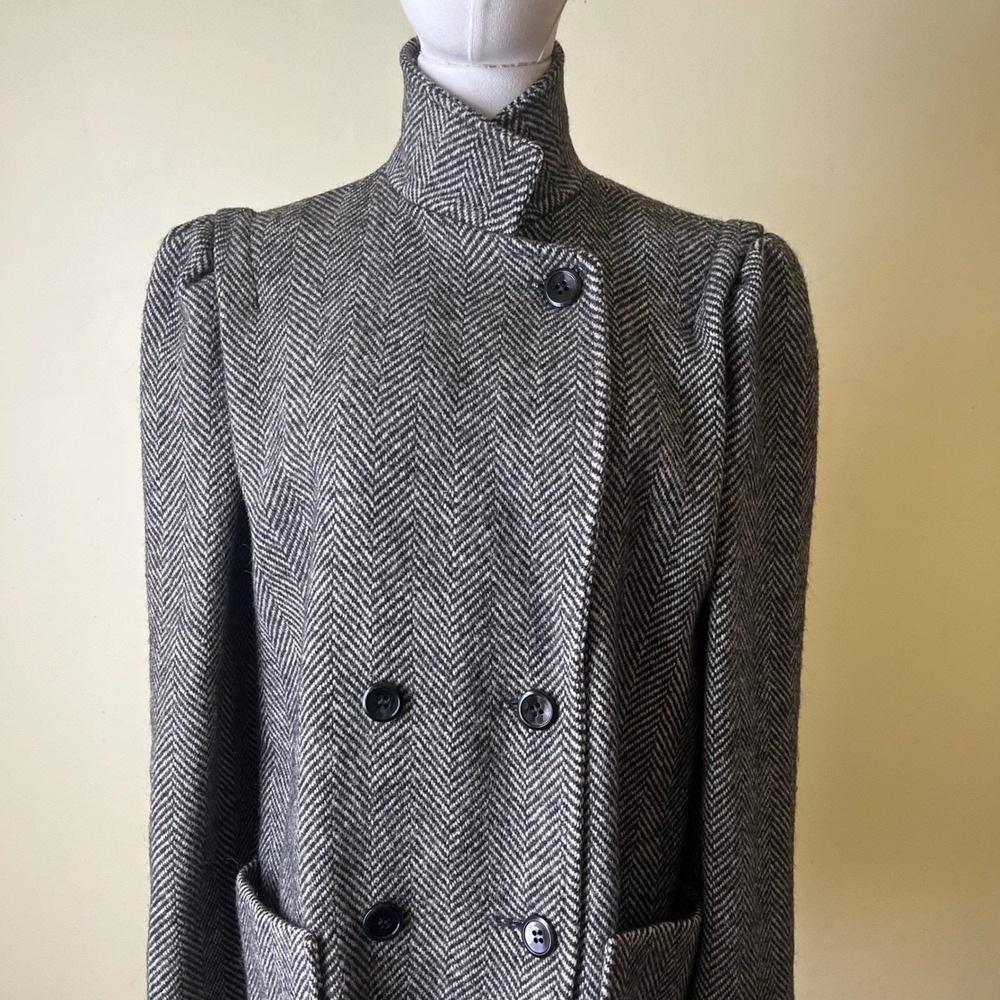 Herringbone Wool Coat Womens‎ 13/14 Gray Black Double Breasted Vintage - Picture 4 of 8